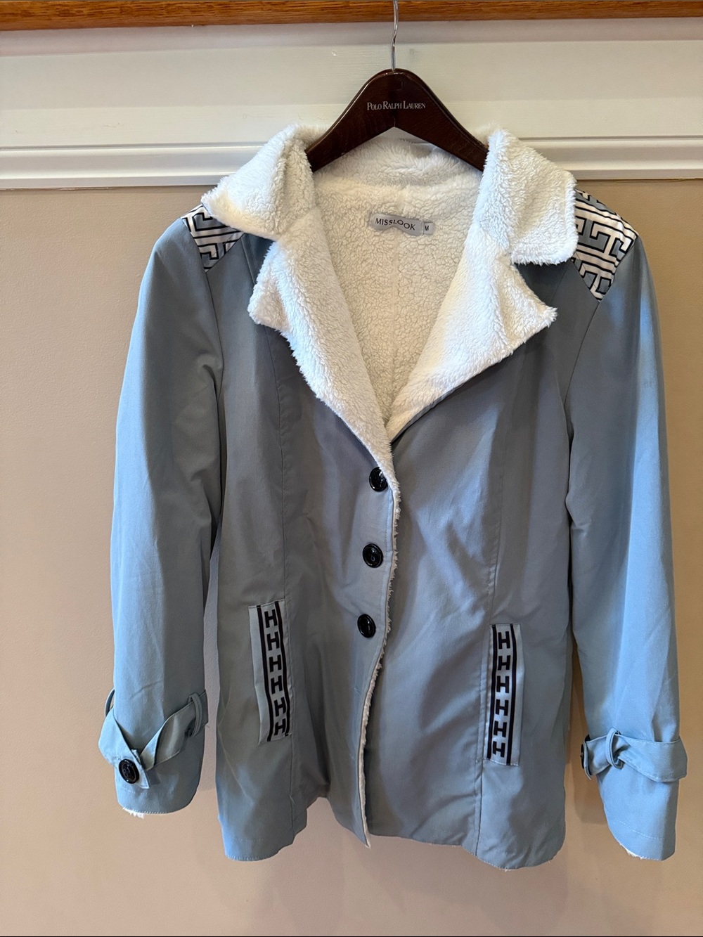NWOT MISSLOOK Light Blue Lined Button Front Jacket with White Sherpa Collar
